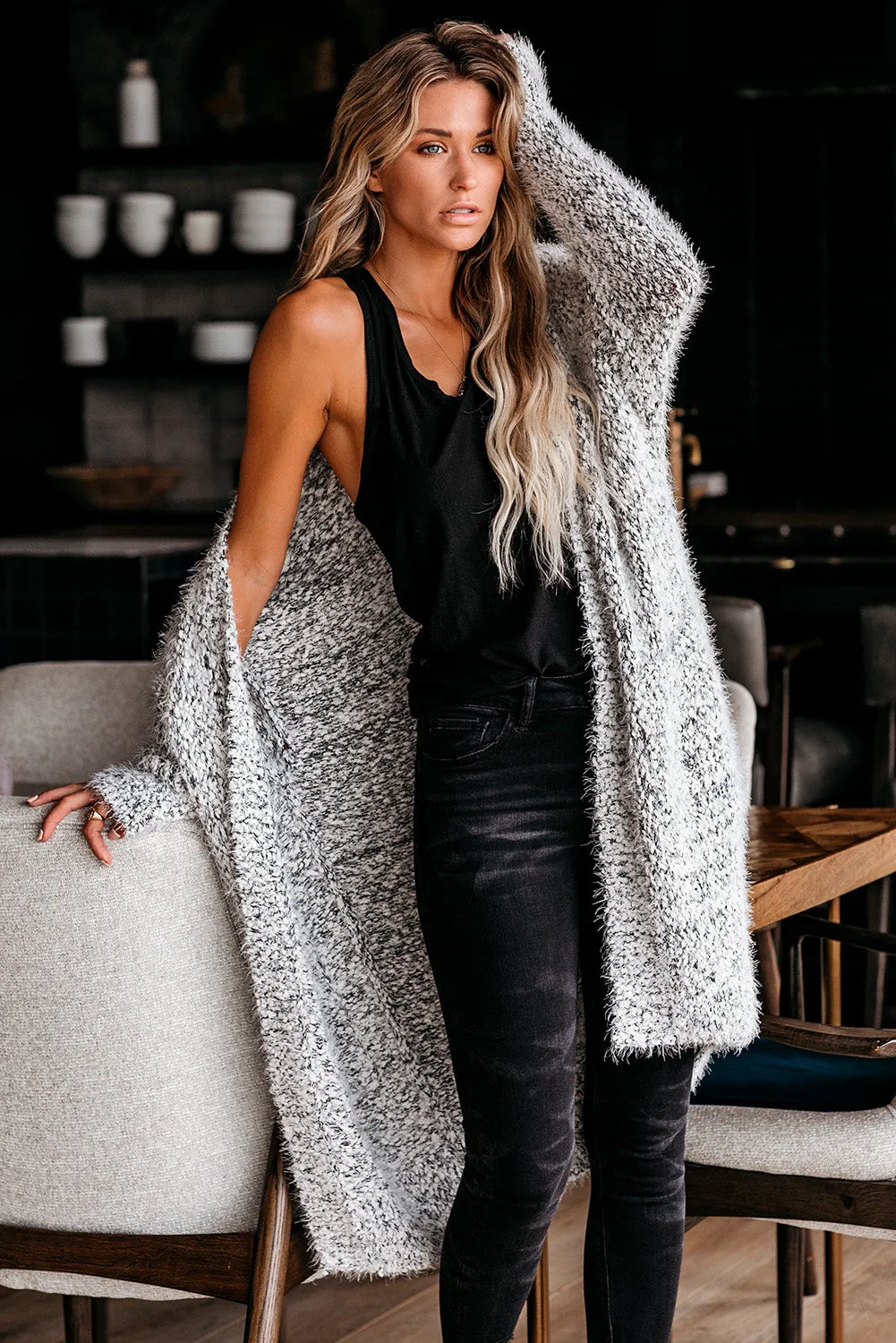 Gray Pocketed Fuzzy Knit Cardigan