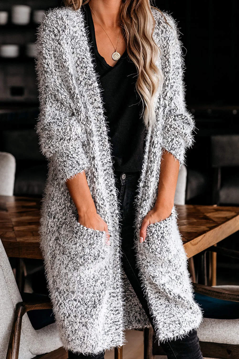 Gray Pocketed Fuzzy Knit Cardigan