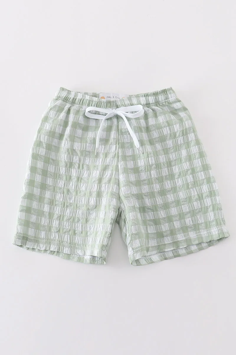 Green Seersucker Gingham Boy Swim Trunks