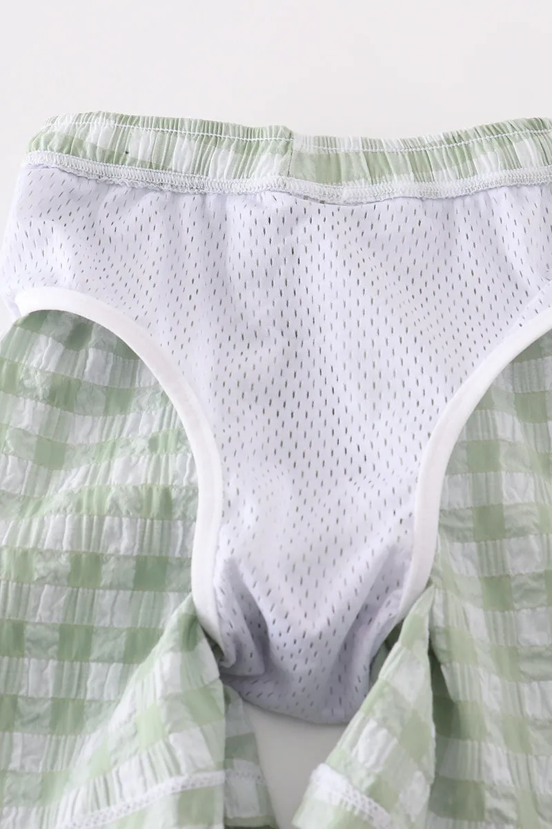 Green Seersucker Gingham Boy Swim Trunks