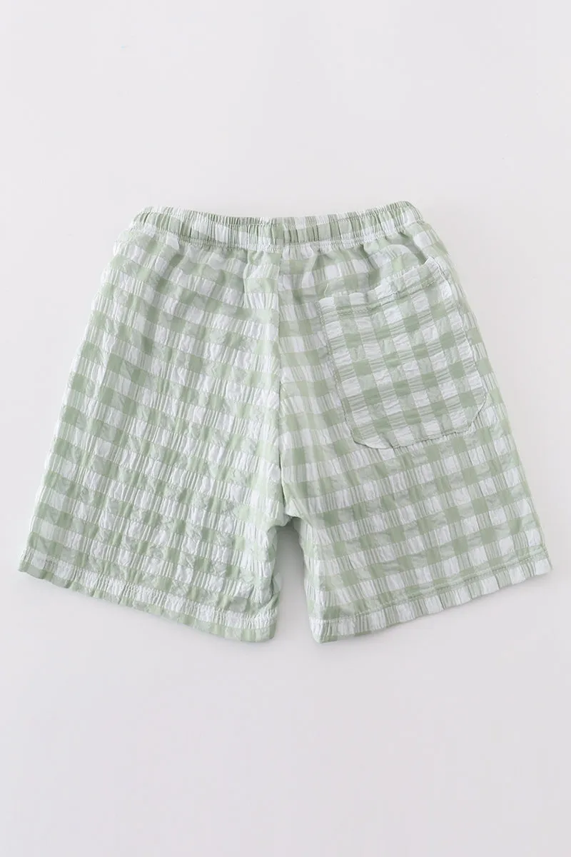 Green Seersucker Gingham Boy Swim Trunks