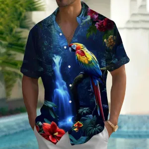 Hawaiian Parrot Print Oversized Bamboo Linen Short Sleeve Shirt