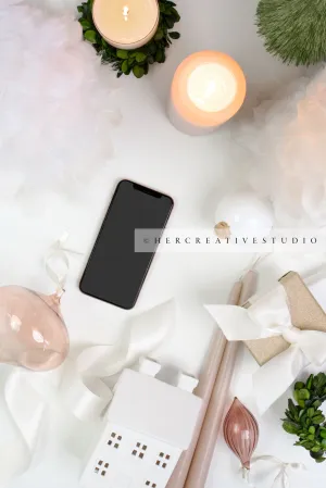 Holiday Image with Smartphone, Ornaments & Trees