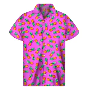 Island Vibes: Hot Pink Pineapple Pattern Printed Hawaiian Short Sleeve Shirt