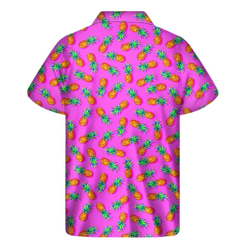 Island Vibes: Hot Pink Pineapple Pattern Printed Hawaiian Short Sleeve Shirt