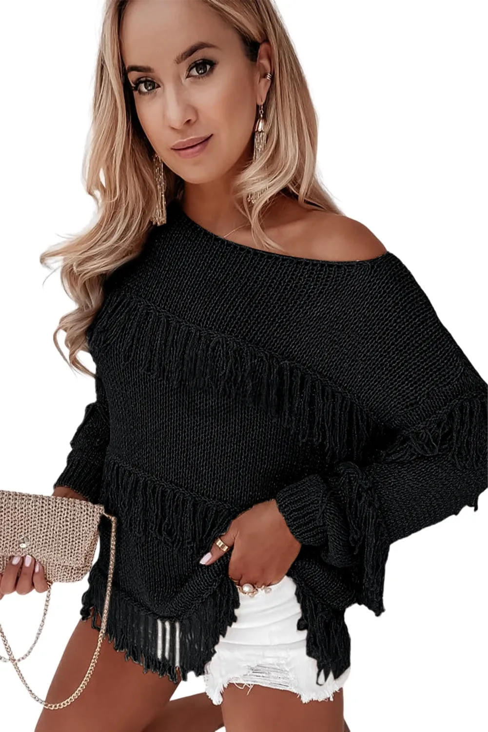 Khaki Boho Tasseled Knitted Sweater