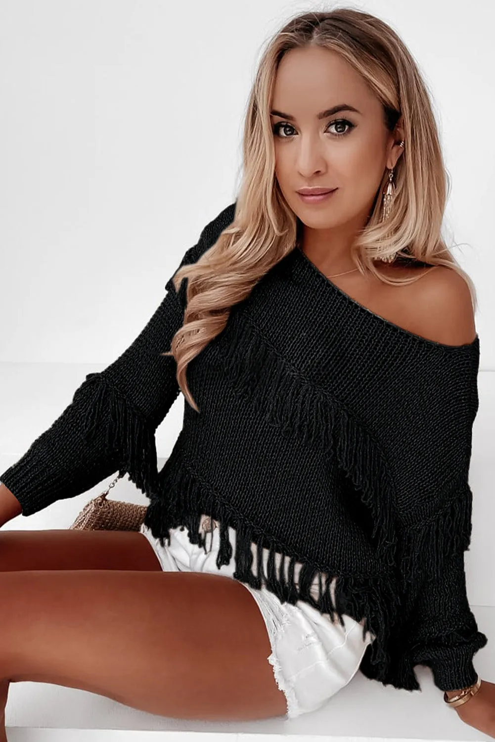 Khaki Boho Tasseled Knitted Sweater