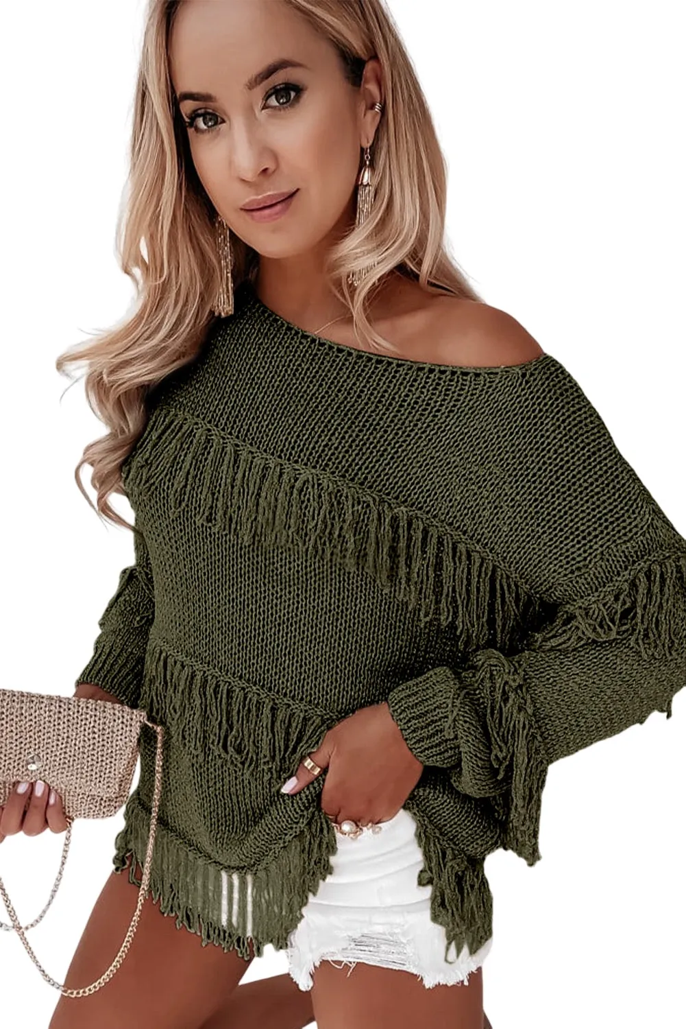 Khaki Boho Tasseled Knitted Sweater