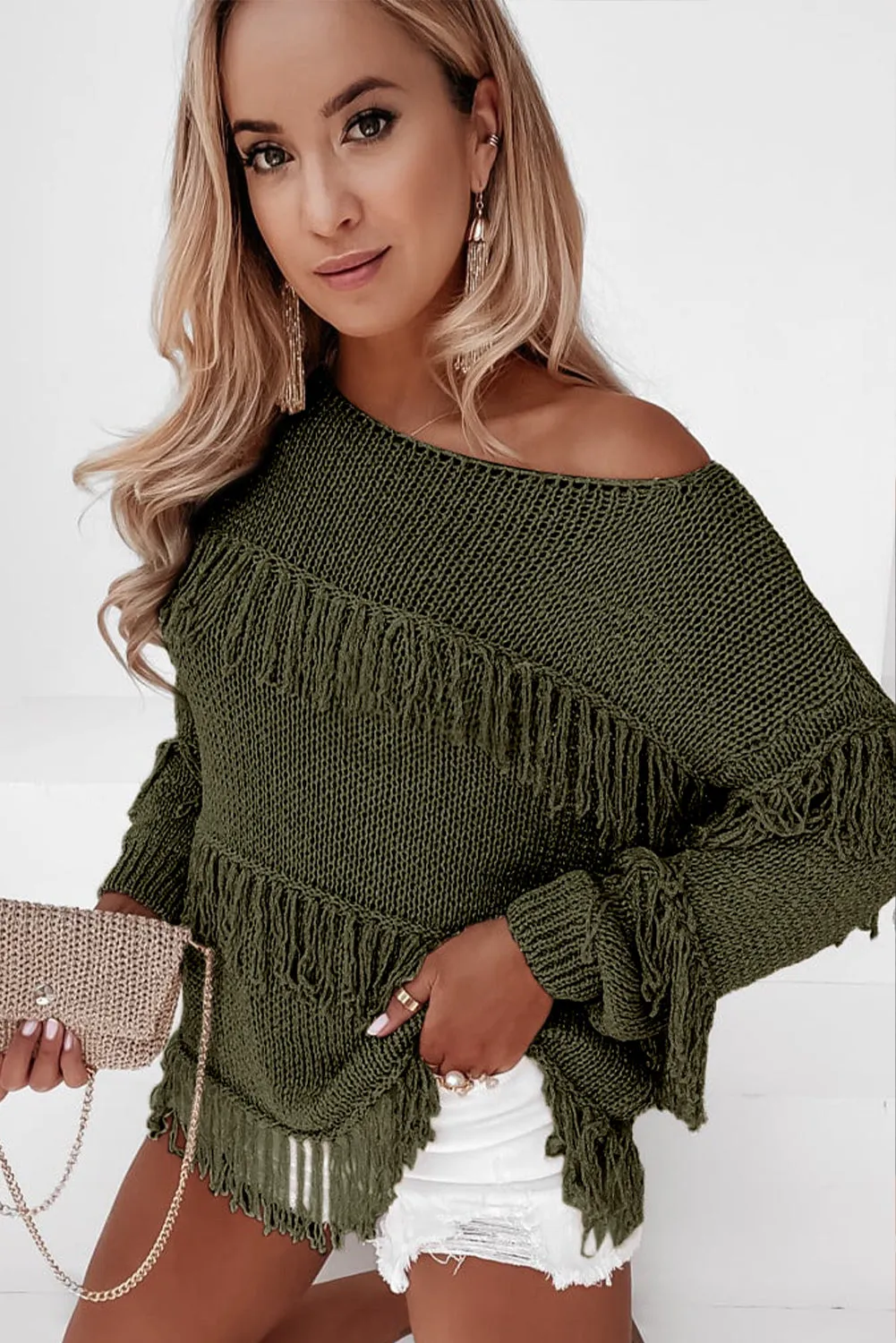 Khaki Boho Tasseled Knitted Sweater