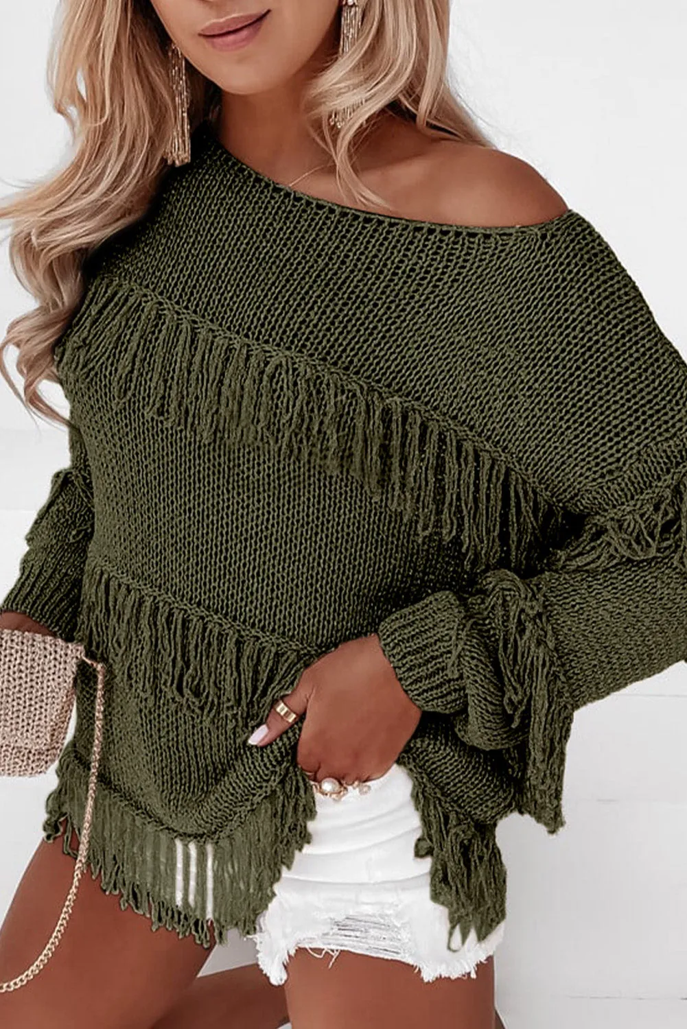 Khaki Boho Tasseled Knitted Sweater