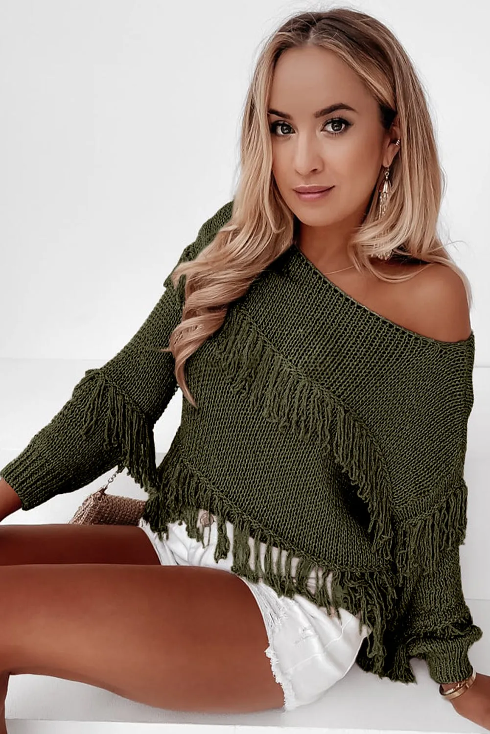 Khaki Boho Tasseled Knitted Sweater