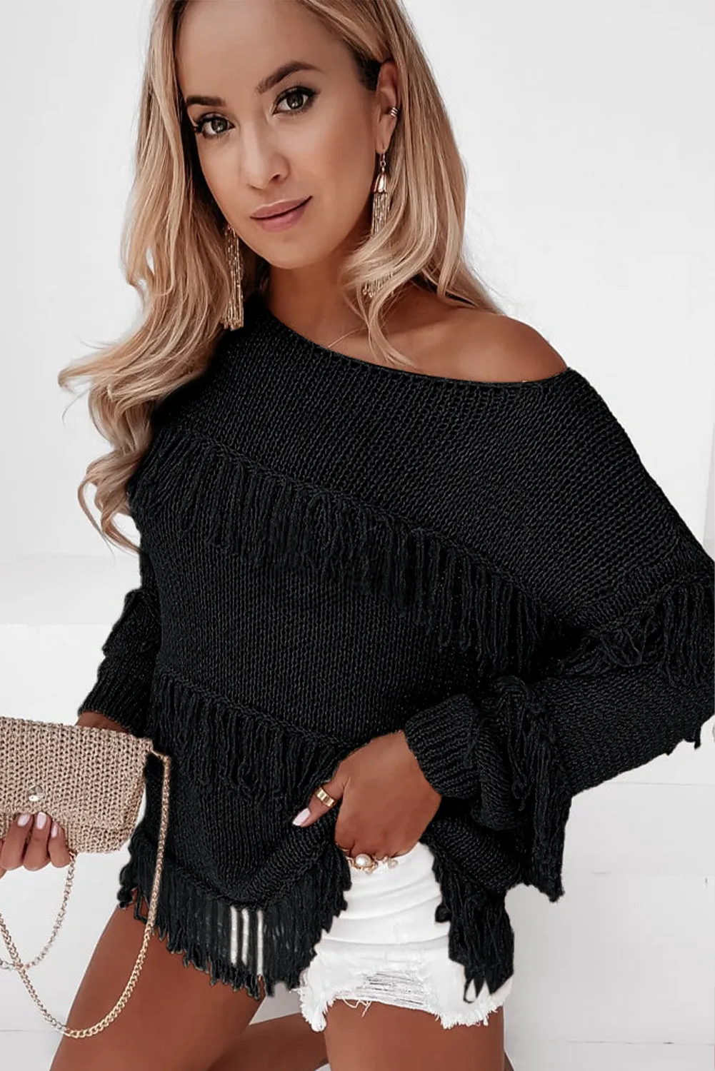 Khaki Boho Tasseled Knitted Sweater