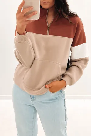 Khaki Color Block Zip Mock Neck Pocketed Sweatshirt