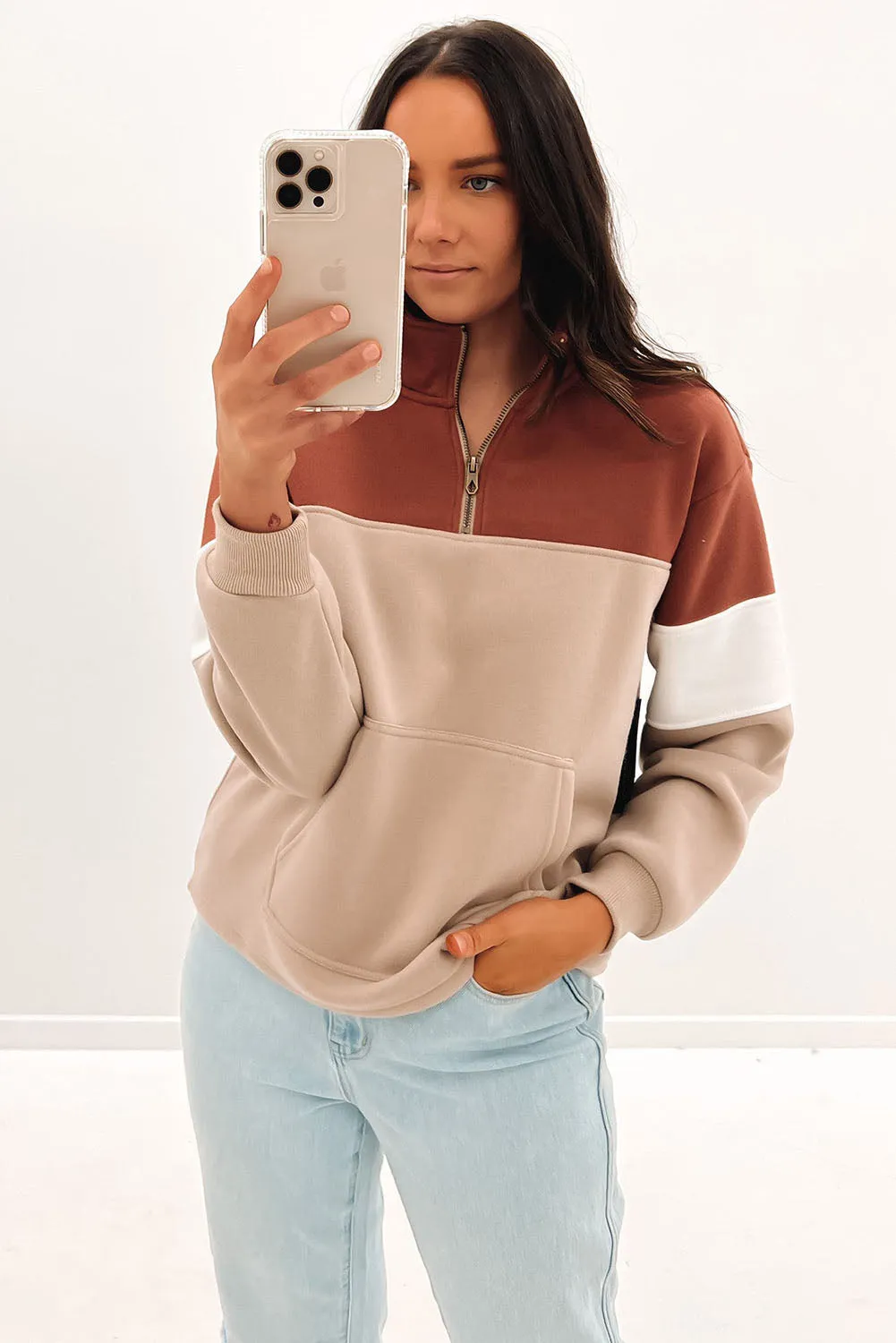 Khaki Color Block Zip Mock Neck Pocketed Sweatshirt