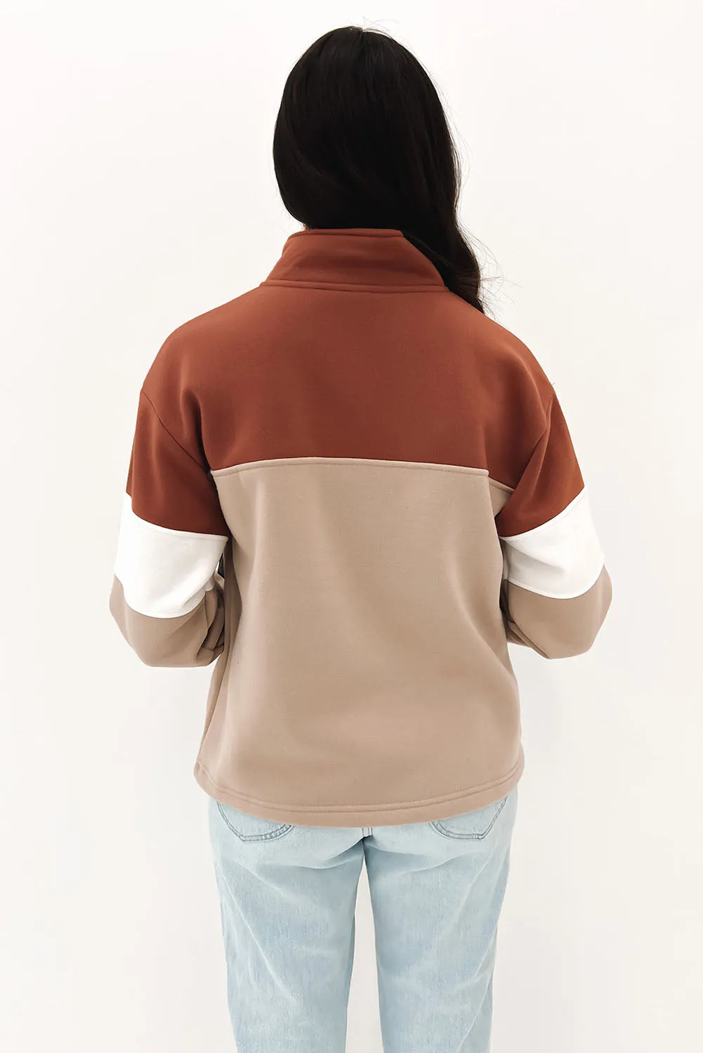 Khaki Color Block Zip Mock Neck Pocketed Sweatshirt