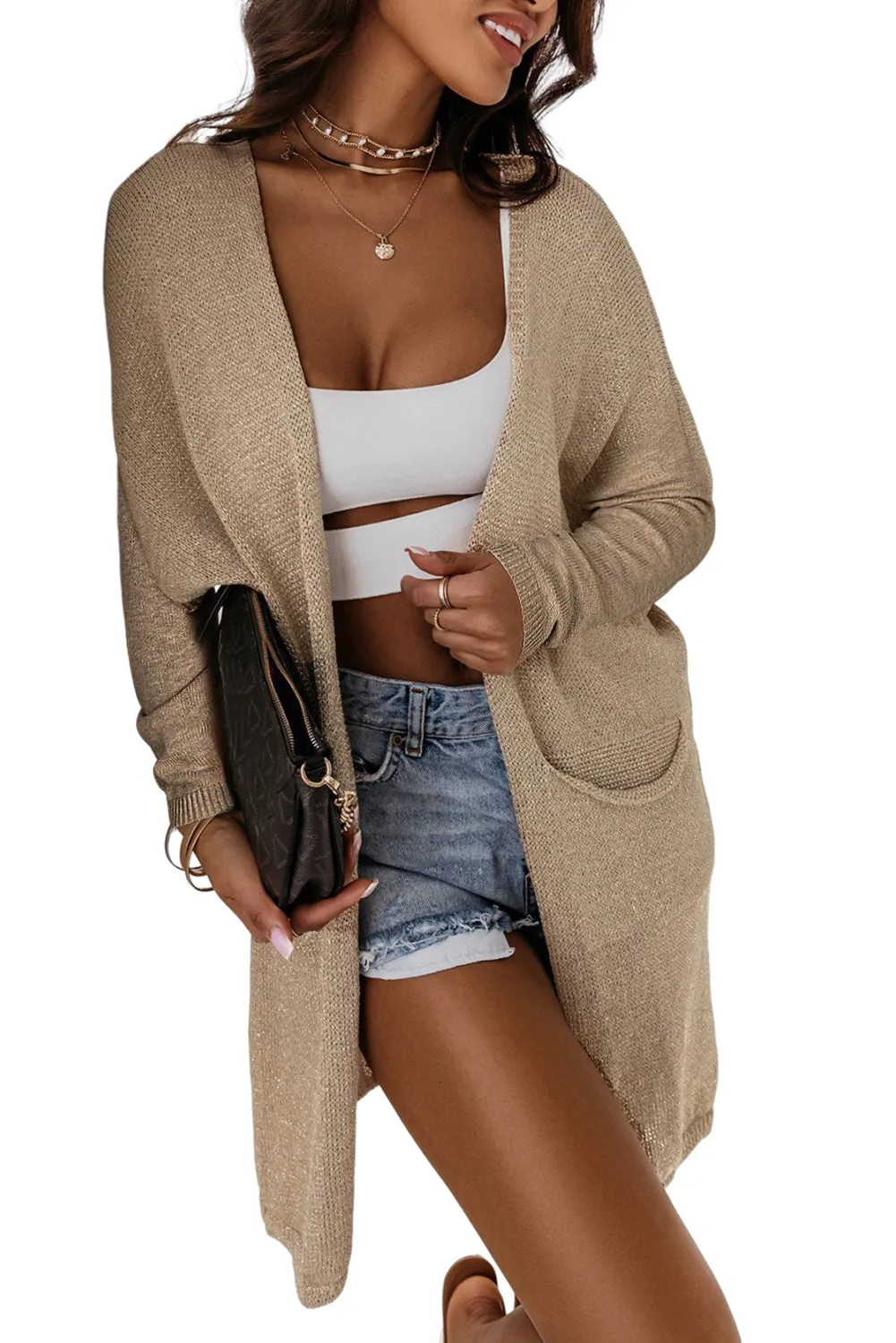 Khaki Pocketed Knit Dolman Sleeve Cardigan
