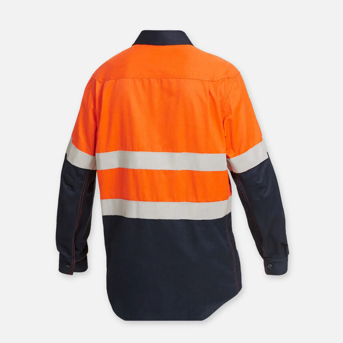 KingGee Men's Shieldtec Flame Resistant Hi Vis 2 Tone Closed Front Long Sleeve Shirt with FR Tape - Orange/Navy
