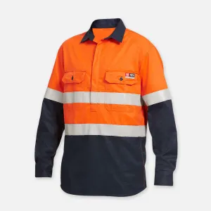 KingGee Men's Shieldtec Flame Resistant Hi Vis 2 Tone Closed Front Long Sleeve Shirt with FR Tape - Orange/Navy