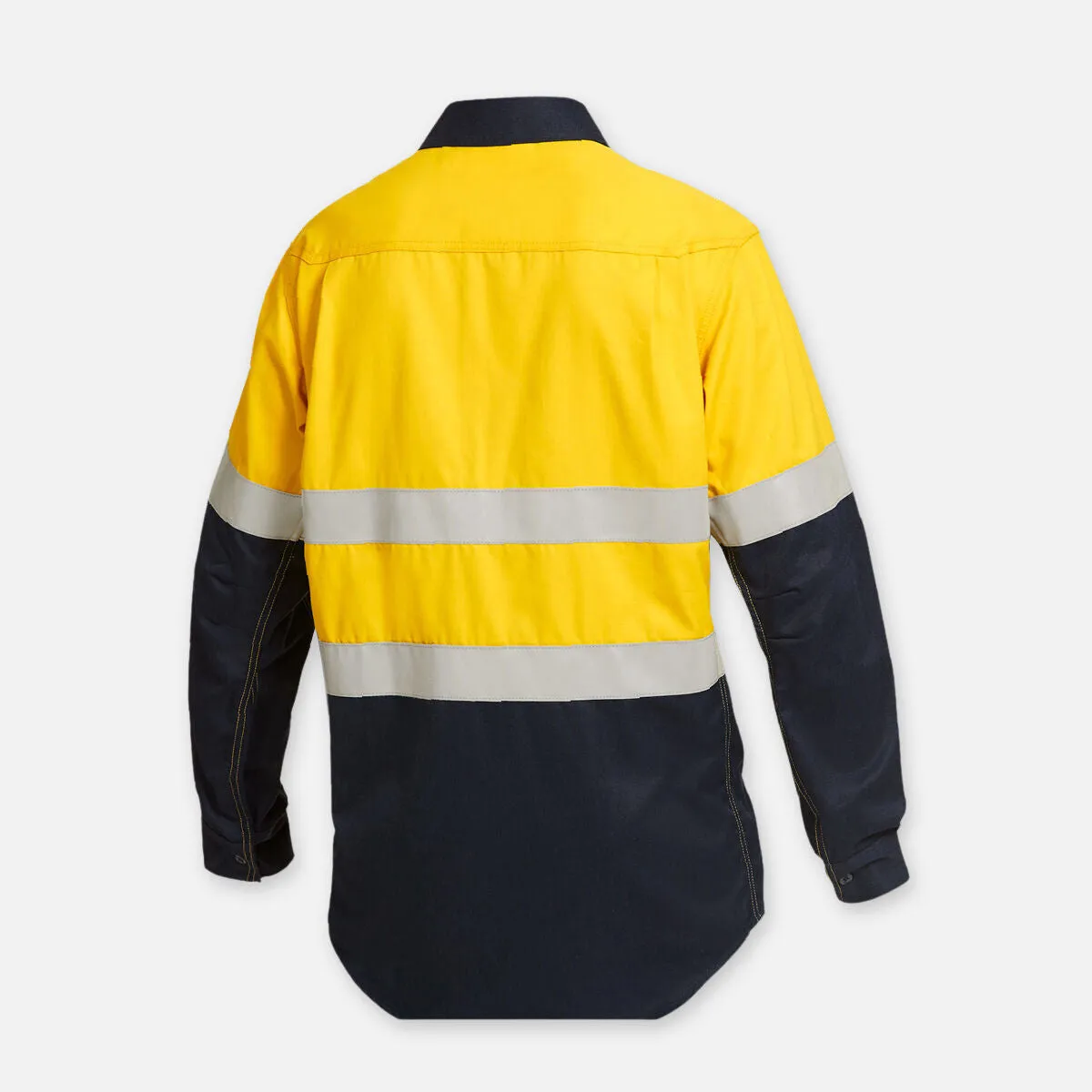 KingGee Men's Shieldtec Flame Resistant Hi Vis 2 Tone Closed Front Long Sleeve Shirt with FR Tape - Yellow/Navy
