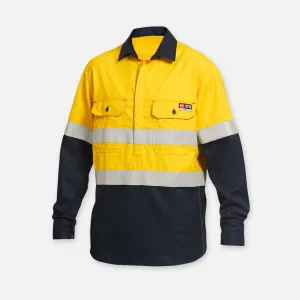 KingGee Men's Shieldtec Flame Resistant Hi Vis 2 Tone Closed Front Long Sleeve Shirt with FR Tape - Yellow/Navy