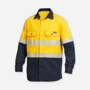 KingGee Men's Shieldtec Flame Resistant Hi Vis 2 Tone Open Front Long Sleeve Shirt with FR Tape - Yellow/Navy