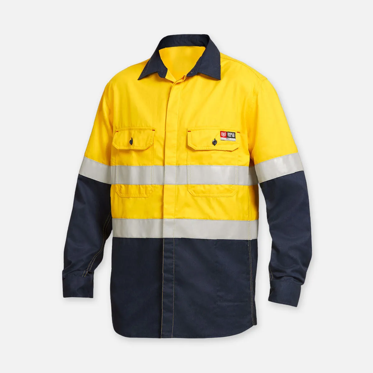 KingGee Men's Shieldtec Flame Resistant Hi Vis 2 Tone Open Front Long Sleeve Shirt with FR Tape - Yellow/Navy