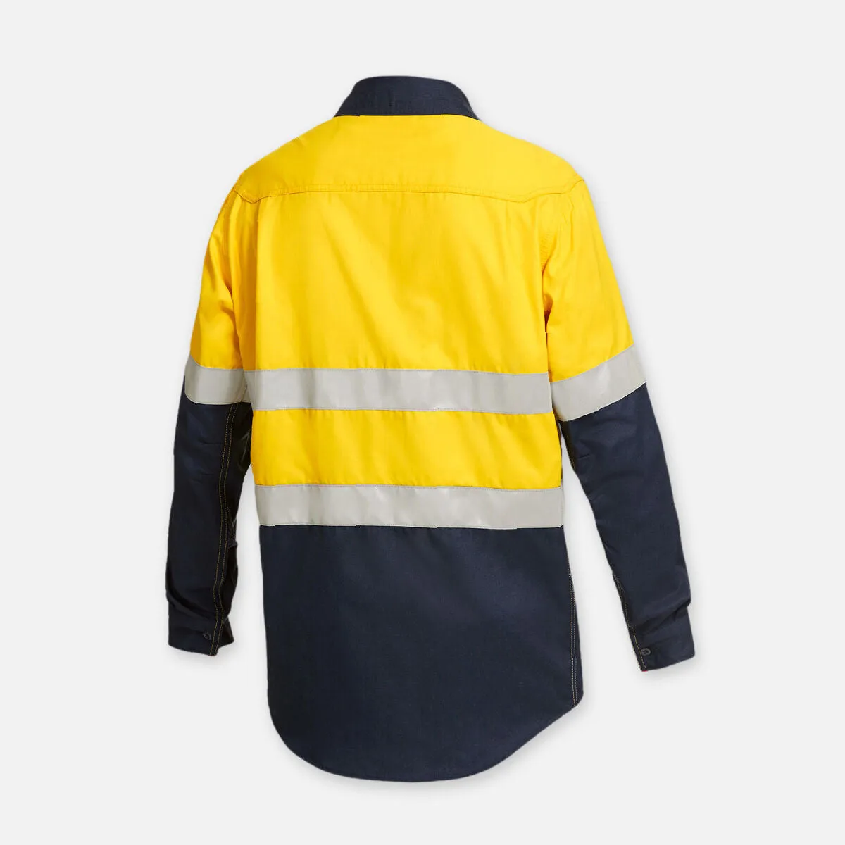 KingGee Men's Shieldtec Flame Resistant Hi Vis 2 Tone Open Front Long Sleeve Shirt with FR Tape - Yellow/Navy