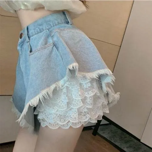 Lace Bottoming, Denim High-waisted Shorts, Two-piece Women
