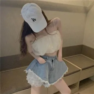Lace Bottoming, Denim High-waisted Shorts, Two-piece Women