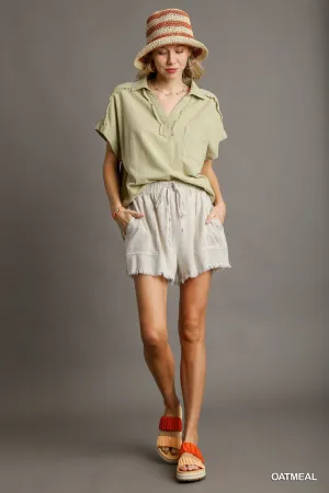 Laynee Linen Blend Elastic Waist with Frayed Hem Shorts In Oatmeal