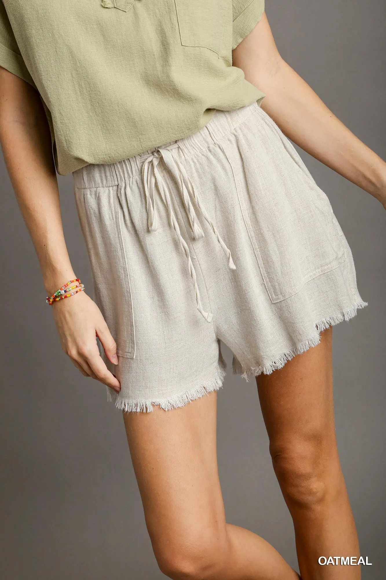 Laynee Linen Blend Elastic Waist with Frayed Hem Shorts In Oatmeal