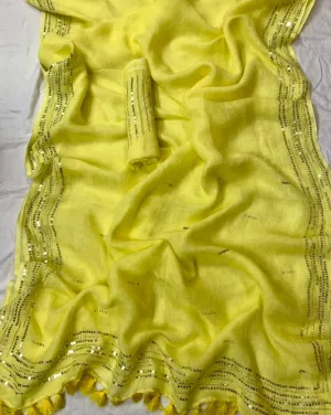 Lemon Yellow Pure Linen Saree With Embroidery