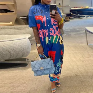 Letter Print Short Sleeve Button Detailed Jumpsuit