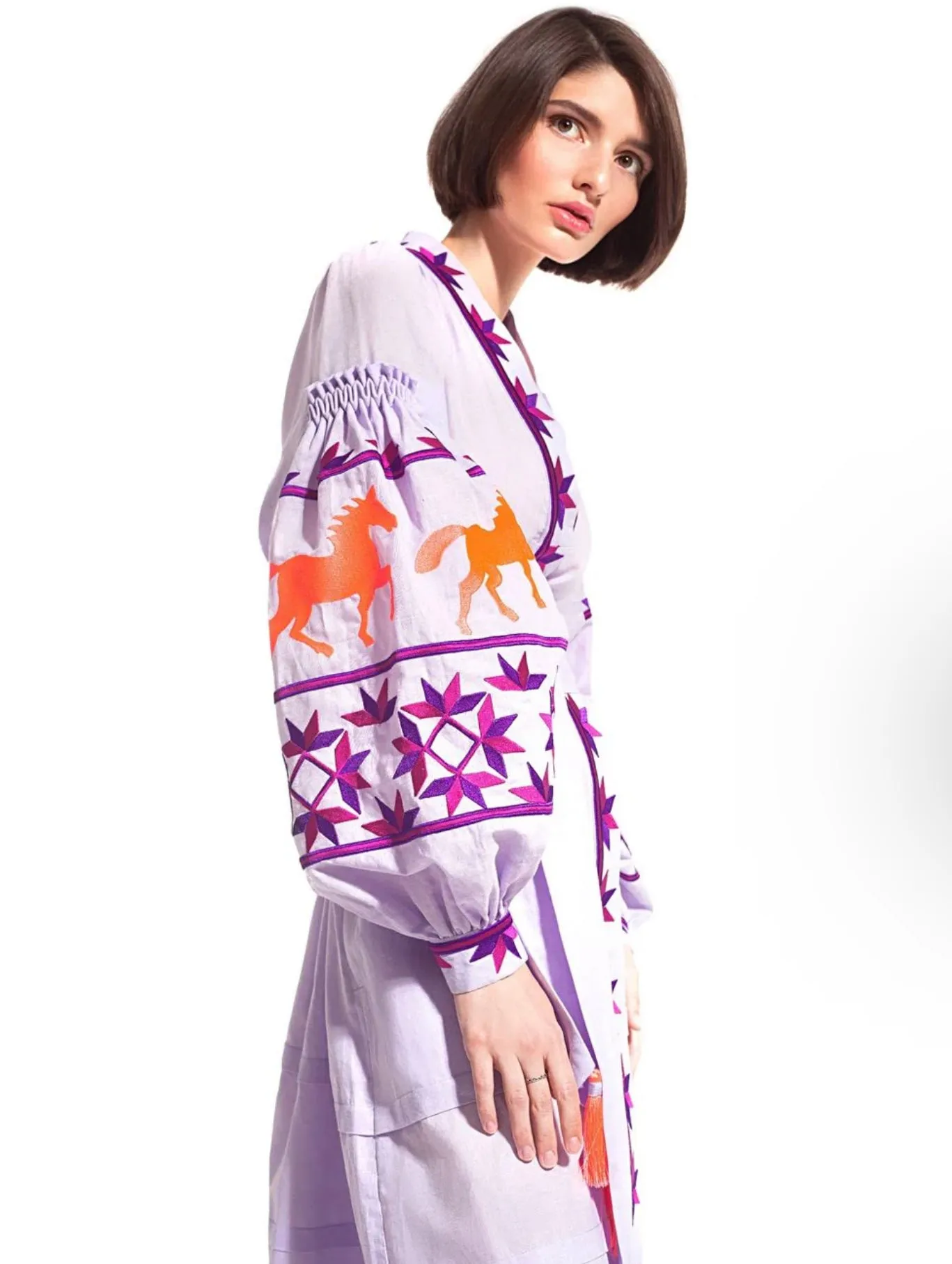 Lilac embroidered linen dress