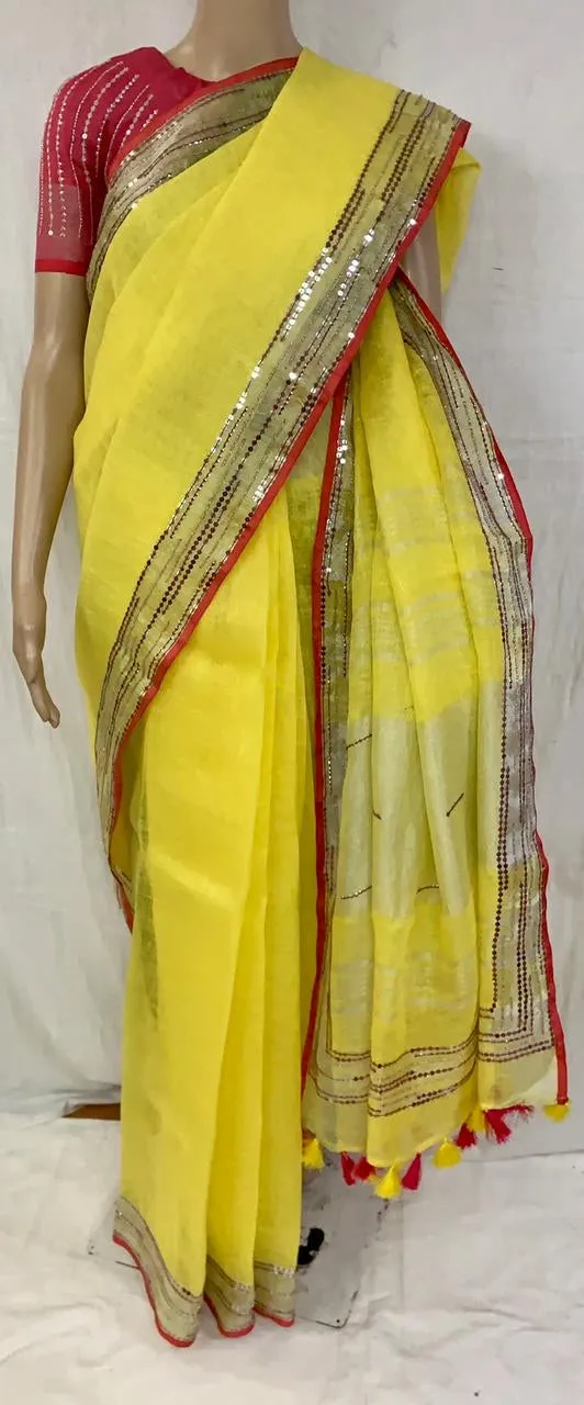 Linen Embroidery Saree In Lemon Yellow