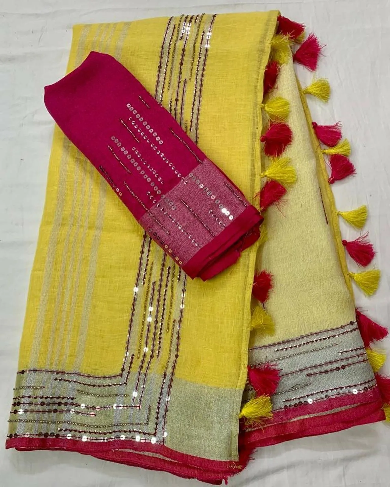 Linen Embroidery Saree In Lemon Yellow
