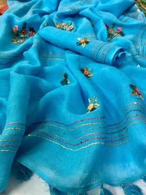Linen Embroidred Saree In Sky blue