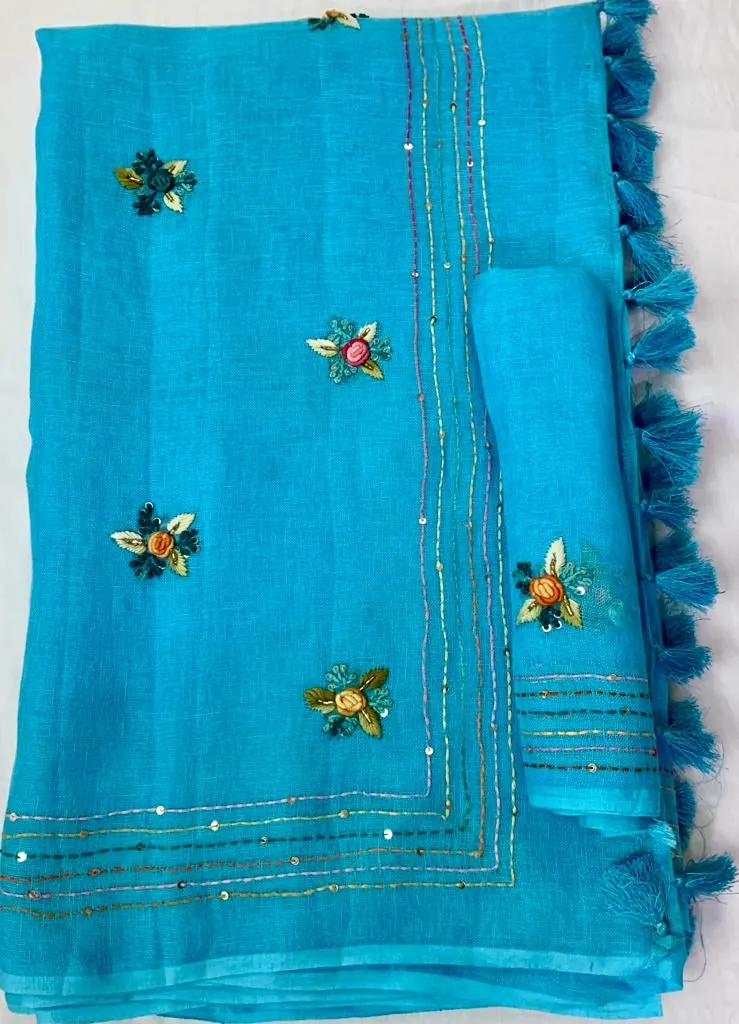 Linen Embroidred Saree In Sky blue