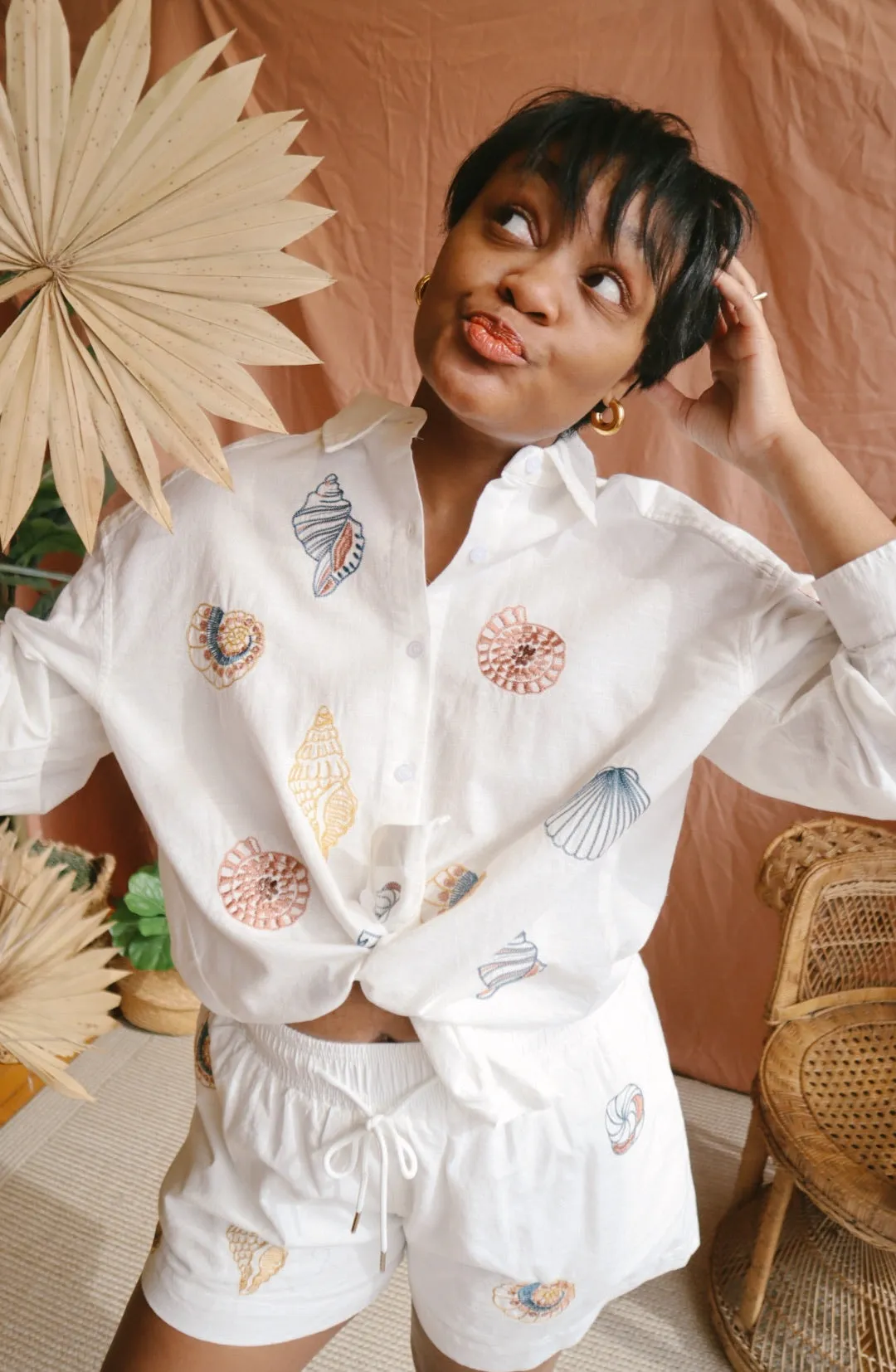 Linen Seashell Embroidered Top