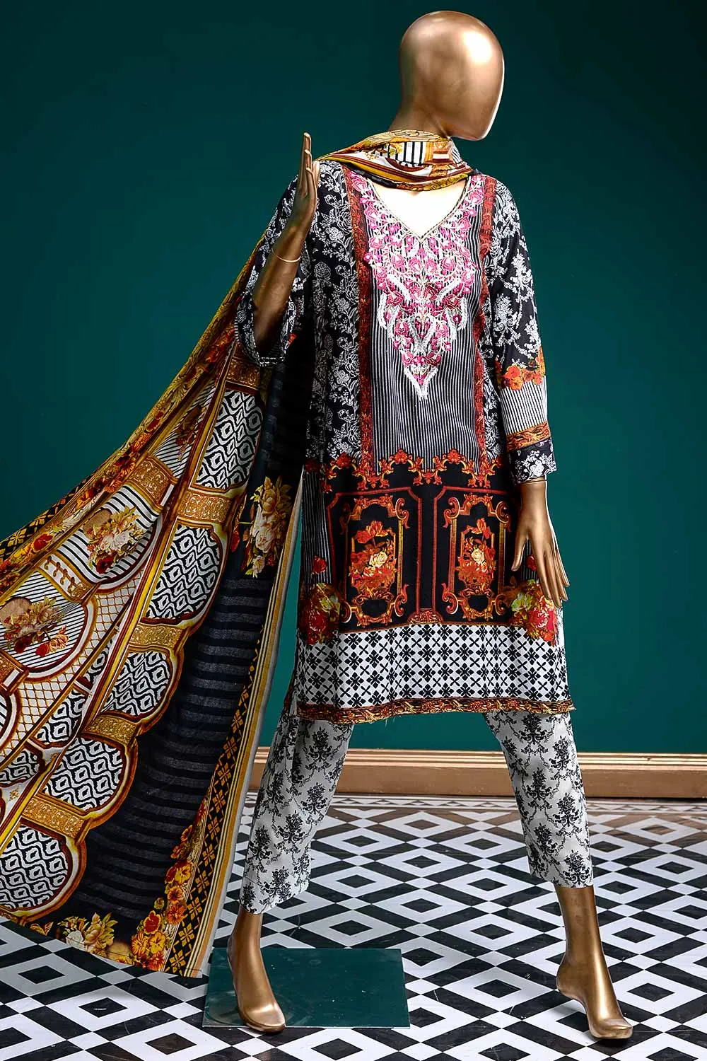 LL-1A - Frosty Affair |  Unstitched Printed & Embroidered Linen Dress