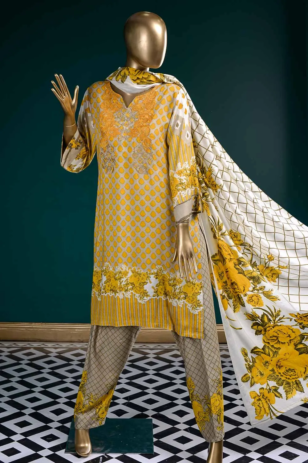 LL-5A - Wild Rose  |  Unstitched Printed & Embroidered Linen Dress