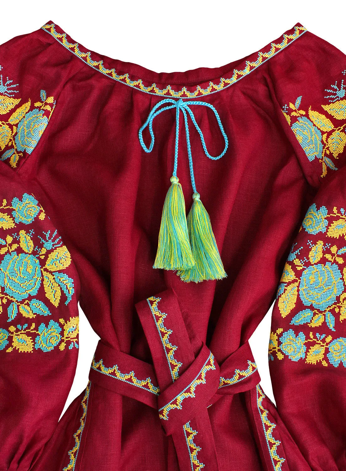 Long embroidered Boho style red kaftan