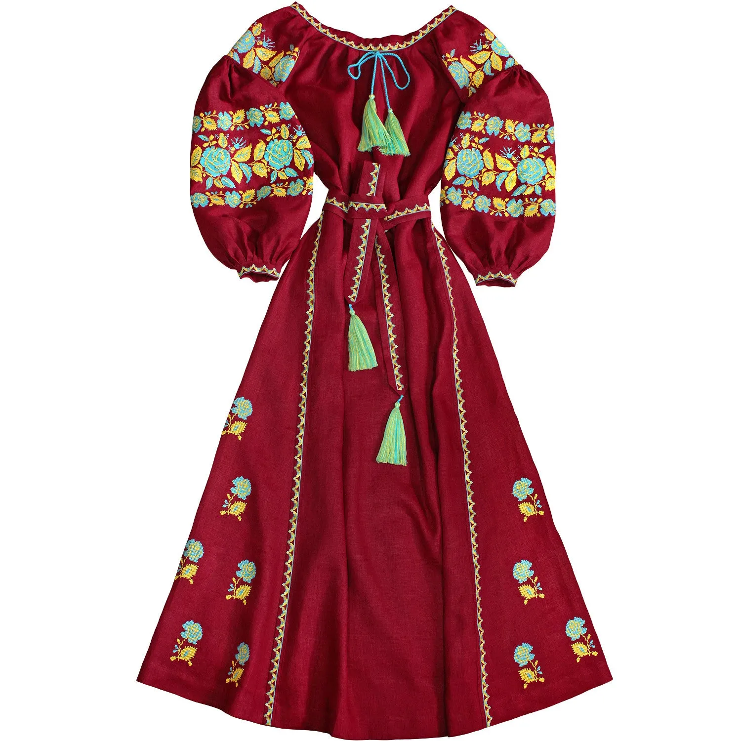 Long embroidered Boho style red kaftan