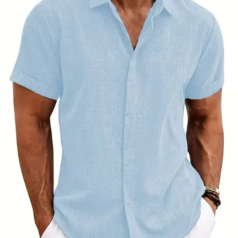 Loose casual cotton linen shirt men's short sleeve 2024 summer new large size beach top lapel tie dye cardigan