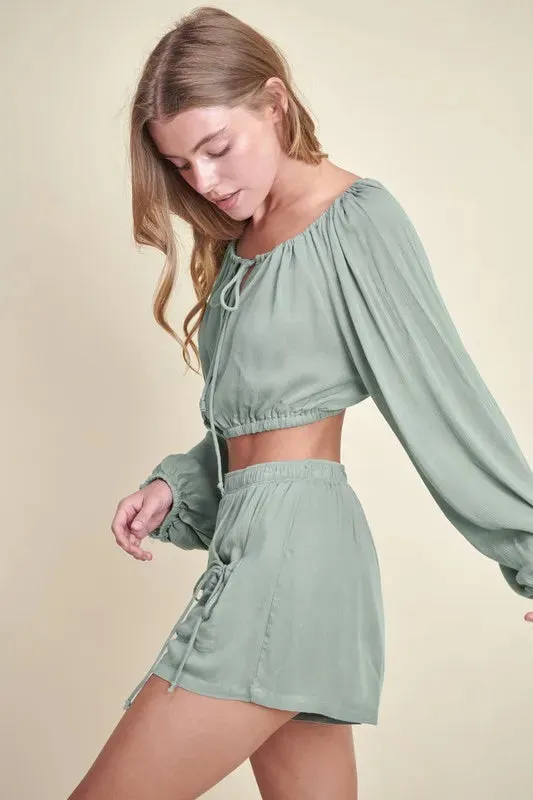 MABLE Gauze Long Sleeve Button Crop Top and Short Set