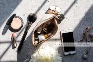 Makeup, Dahlia & Smartphone in Sunlight, Styled Stock
