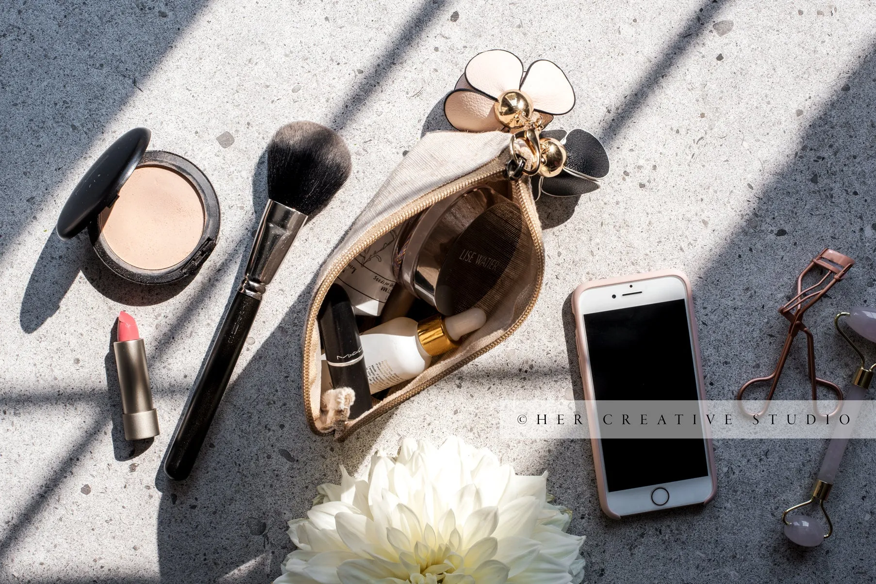 Makeup, Dahlia & Smartphone in Sunlight, Styled Stock