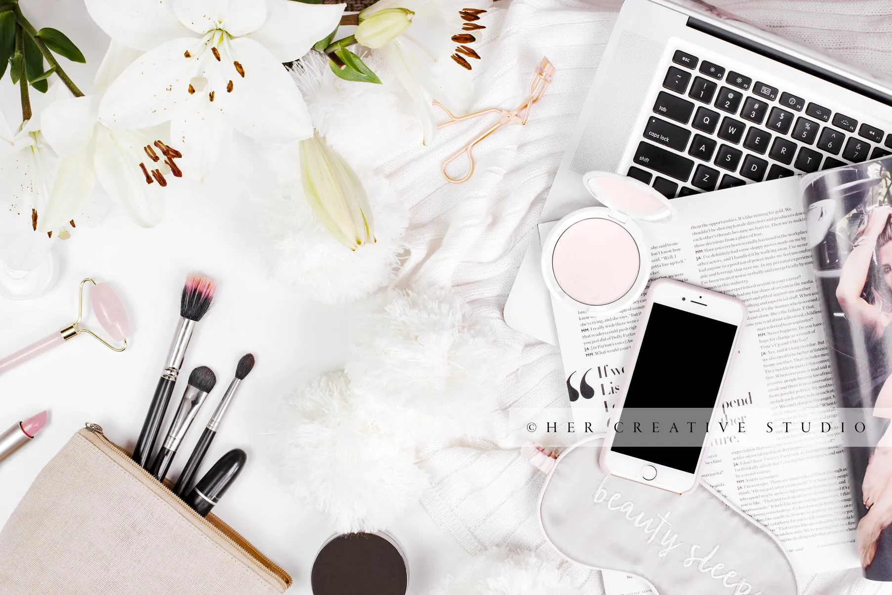 Makeup, Lillies & Smartphone, Styled Stock