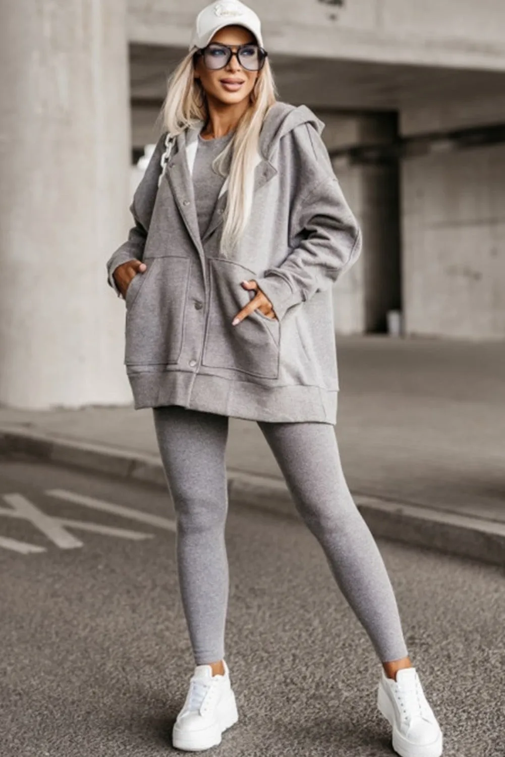 Medium Grey Pocketed Button Up Oversized Hooded Jacket