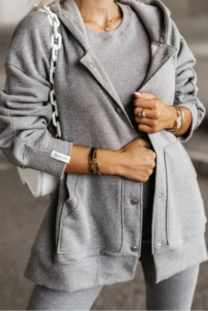 Medium Grey Pocketed Button Up Oversized Hooded Jacket
